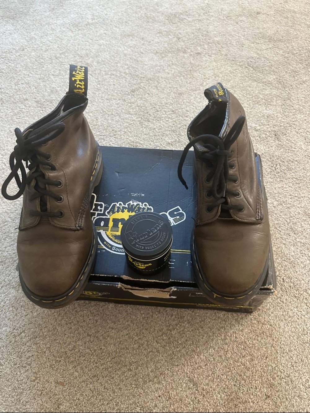 Dr. Martens Brown Leather 6-Eye Lace-Up Boots with Yellow Stitching size 8